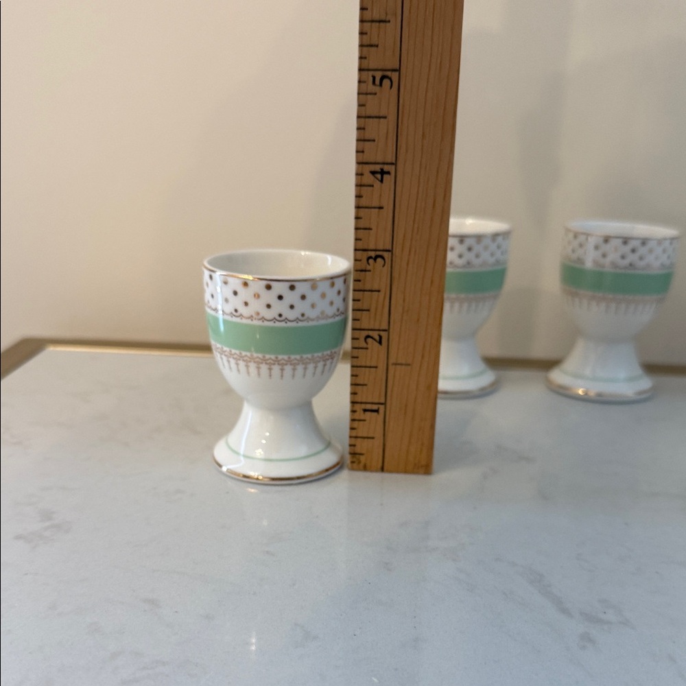 GRACE TEAWARE MINT GREEN GOLD Pin DOTS EGG CUP HOLDER STAND 4PC - Picture 3 of 5